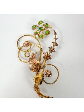 Curtman 12K Gold Filled Green Uranium Glass Rhinestones UV Glow Flower Brooch